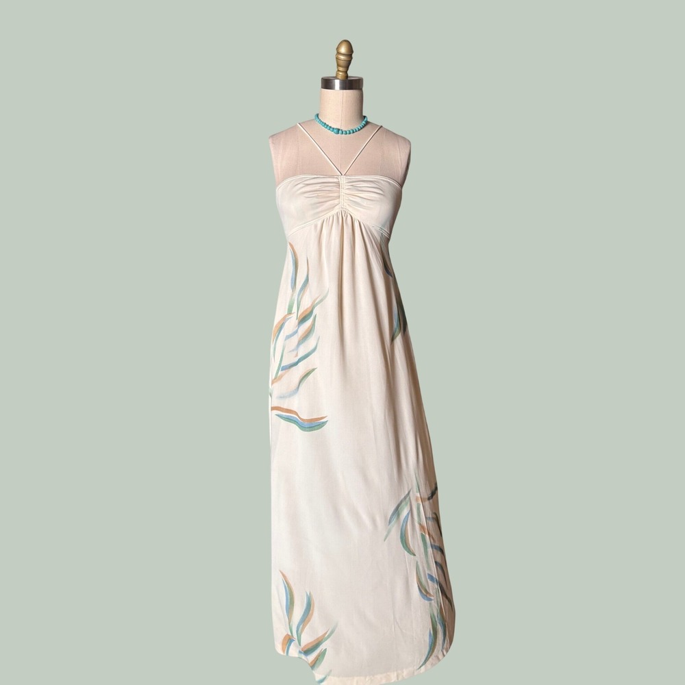 Boho Empire Waist Rare Maxi Dress Abstract Leaf Print S Cream Vintage